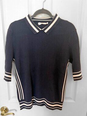Tory Burch Ribbed Cotton Polo Sweater in Tory Navy/Ivory